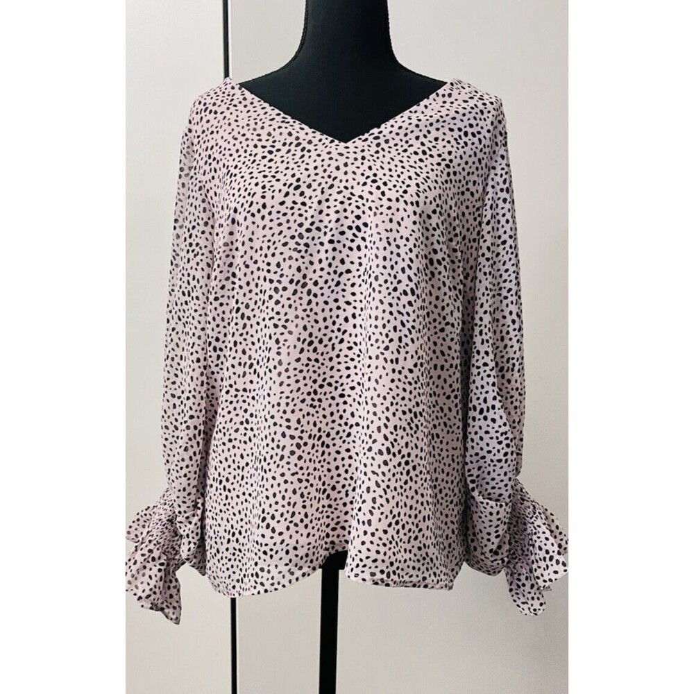 Women's  Pink /Brown Dalmation Print V-Neck Long Sleeve lined Top Size M  Chic‎